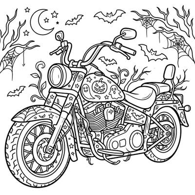 Get ready for a thrilling ride this Halloween with our unique motorcycle coloring page. Adorned with spooky pumpkins, flying bats, and ghostly figures, it's the perfect activity for a creative fright night.