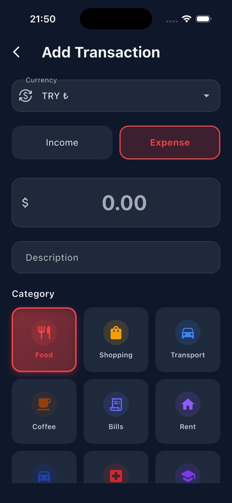vaultify -safe - Vaultify app interface for adding a new transaction with expense category selection