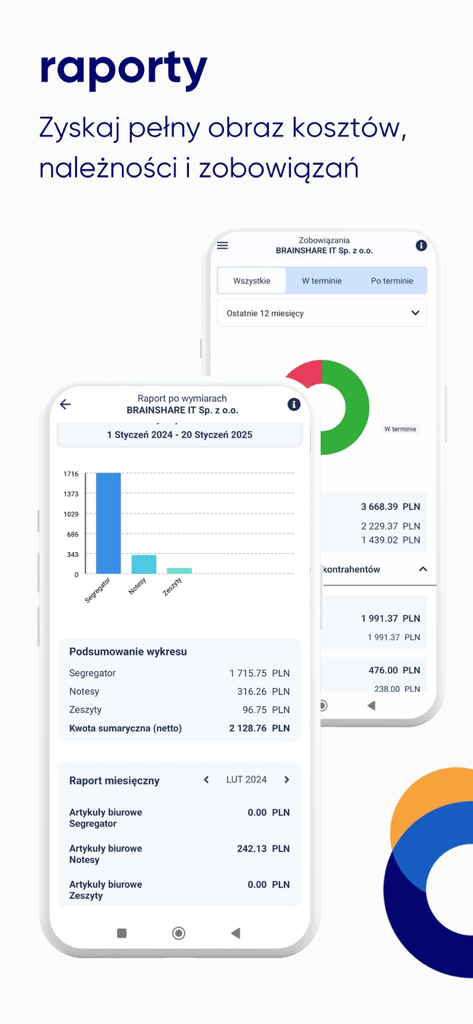 Interface de l'application mobile SaldeoSMART montrant des rapports commerciaux avec des graphiques financiers et des résumés de coûts