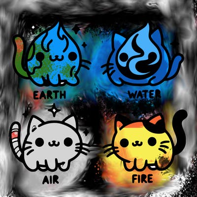 4 cats that represent the different elements, earth, water, air, and fire