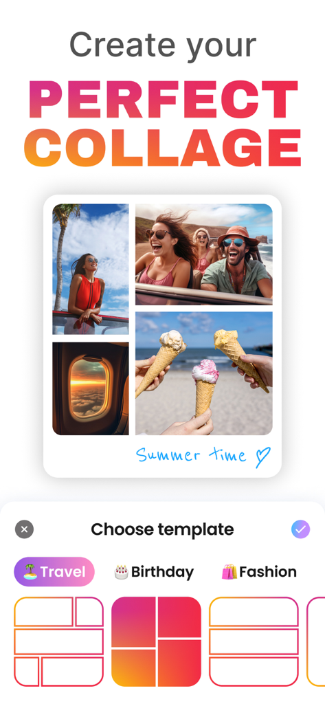 A photo collage maker app user interface showing a summer travel collage example and various grid template options