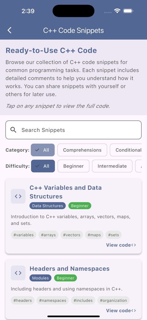 C++ Flashcards and Dictionary - Mobile Bildschirmansicht mit durchsuchbaren C plus plus Code-Snippets mit Filter für Kategorien und Schwierigkeitsgrad.