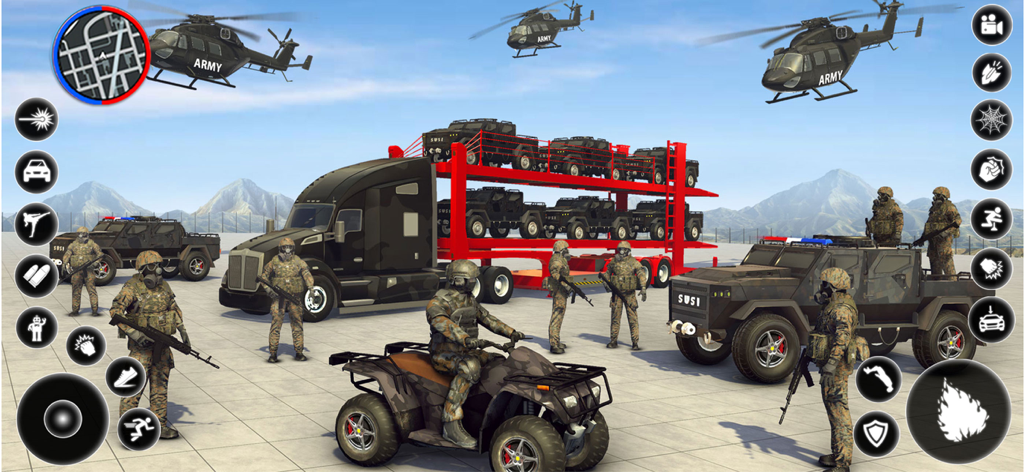US Army transport truck loaded with armored SUVs surrounded by soldiers and helicopters in a military simulation game