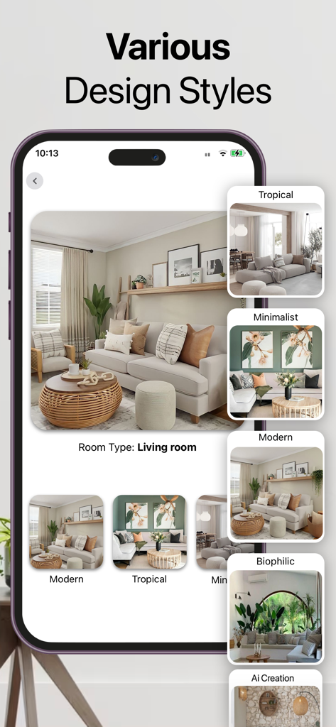 Interior AI Room Design Home - Mobile app interface displaying various interior design styles for a living room including Tropical Minimalist and Modern