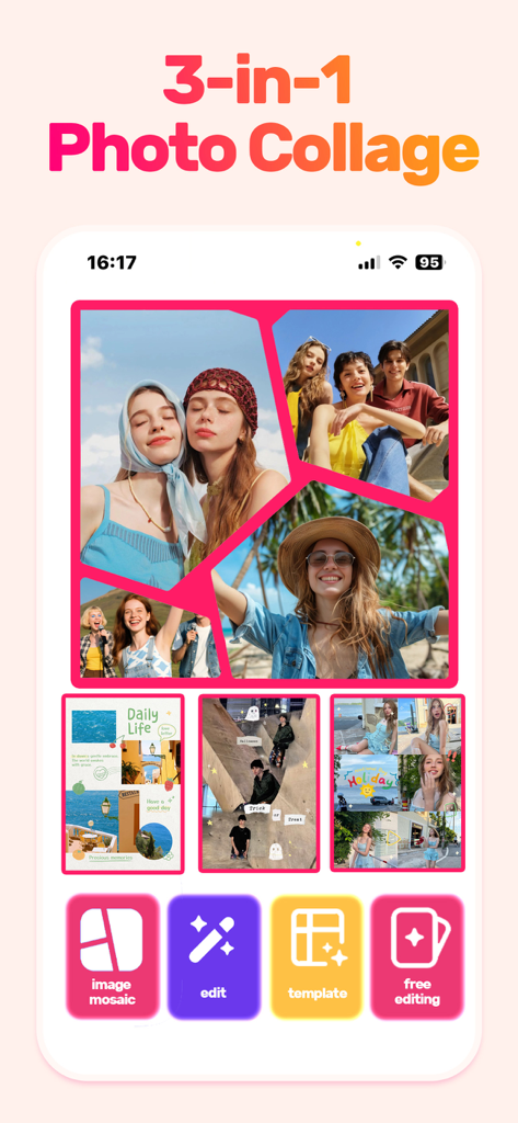 Collage Maker: Photos Editor - Collage Makerアプリの画面。ライフスタイル画像と編集ツールアイコンを備えたマルチ写真レイアウトが表示されています。