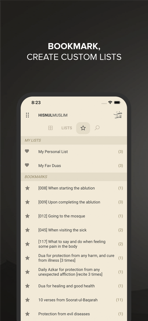 Hisnul Muslim app screenshot showing bookmarks and custom lists of Islamic supplications