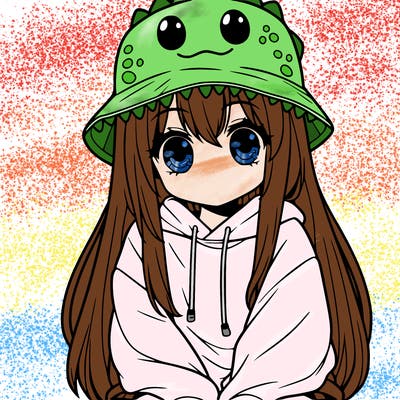 girl with anime shaped eyes with a dinosaur bucket hat oversized sweatshirt long straight hair