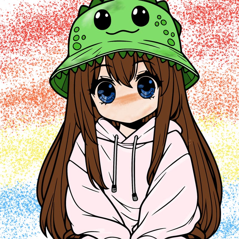 girl with anime shaped eyes with a dinosaur bucket hat oversized sweatshirt long straight hair