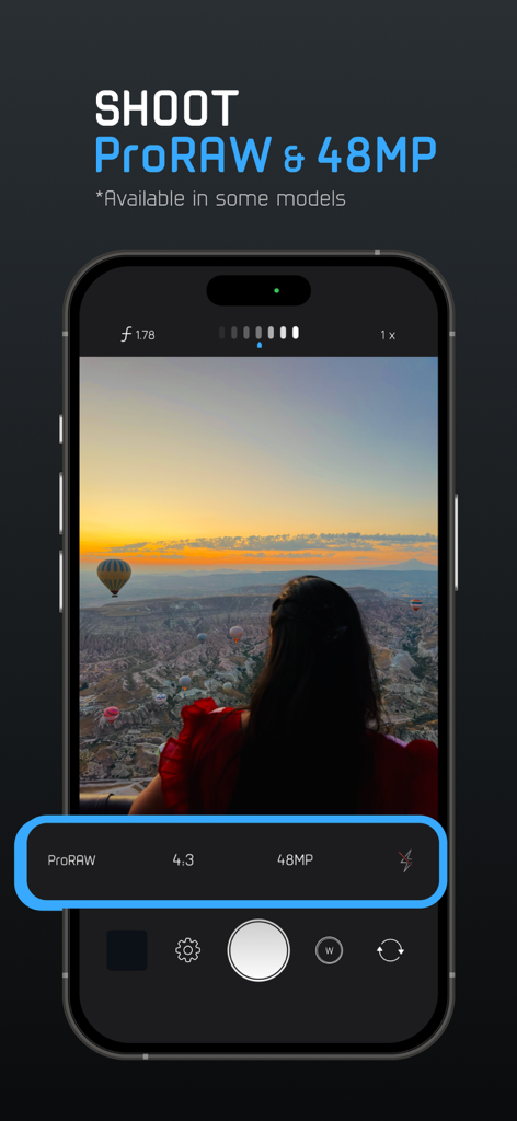 ProCam - Capture ProRAW photos - Interface of the ProCam app showing ProRAW and 48MP photo capture settings on an iPhone