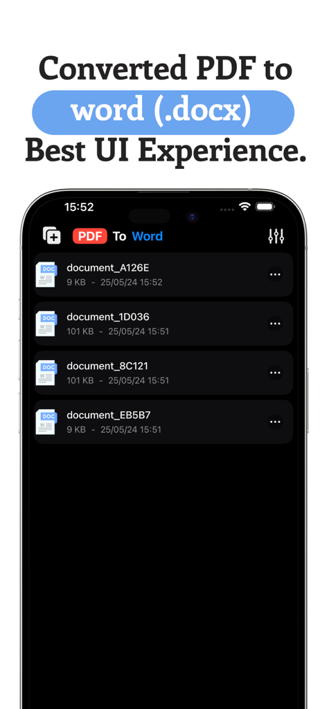 Interfaz de la aplicación que muestra una lista de documentos convertidos de PDF a Word.