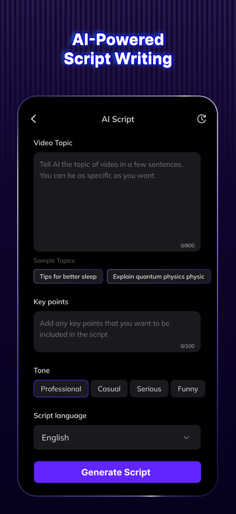 Interface d'écriture de script IA dans l'application Vozo AI, comprenant des champs pour les points clés du sujet de la vidéo, la sélection du ton et la langue.