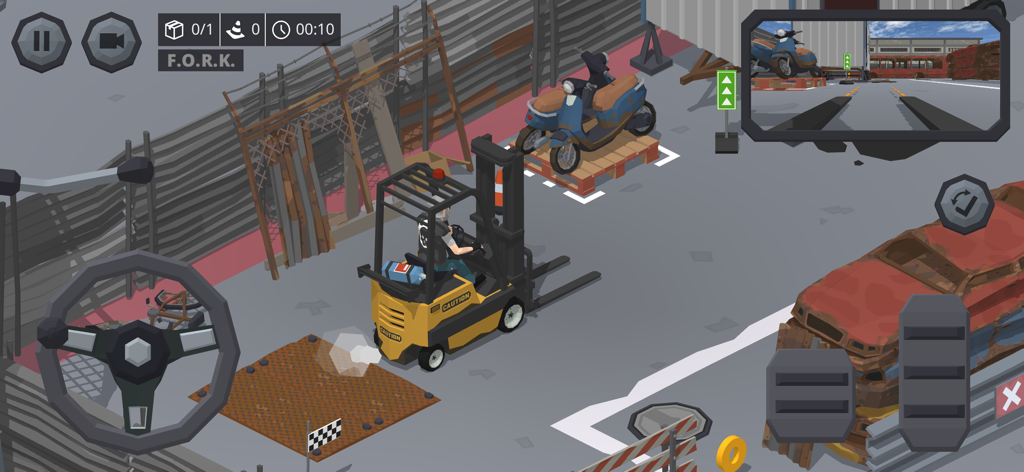 Forklift Extreme Simulator 2 - Gameplay di Forklift Extreme Simulator 2 che mostra un carrello elevatore giallo che sposta un pallet con uno scooter in un magazzino 3D