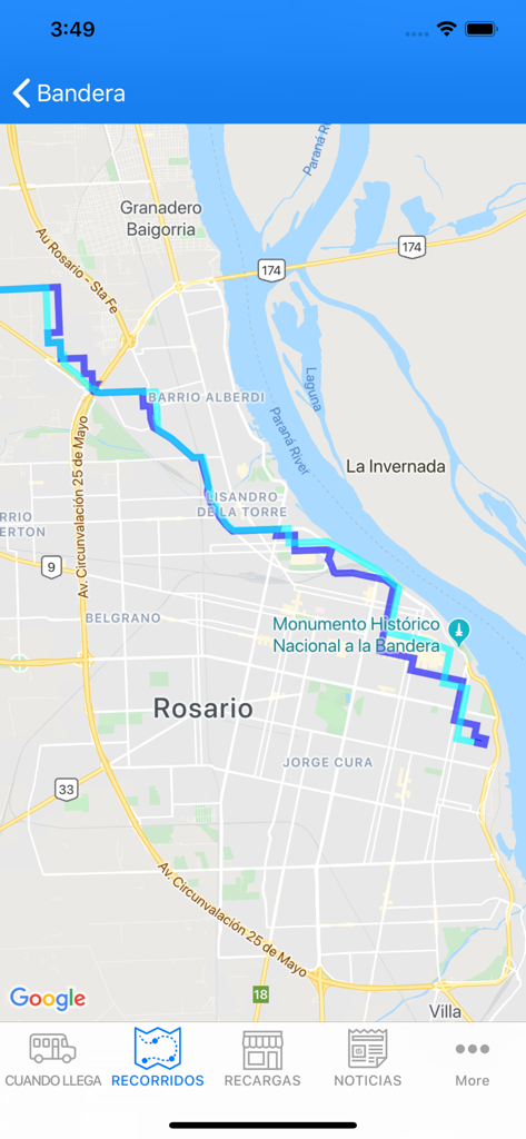 Map view of a bus route in the MOVI Rosario transit app