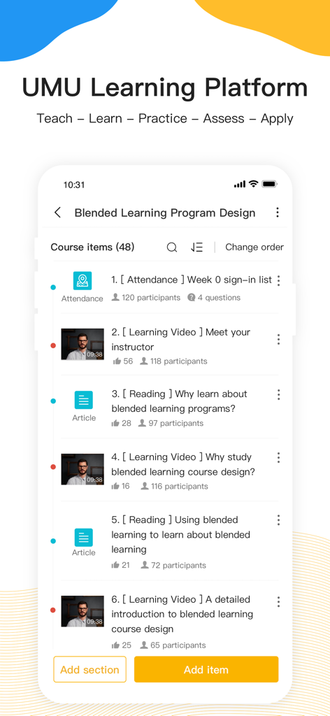 UMU Lernplattform Mobile App-Oberfläche, die eine Liste von Kurselementen für ein Blended-Learning-Programm anzeigt, einschließlich Videos, Artikeln und Anwesenheit