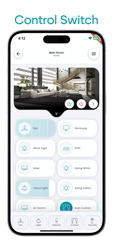 SmartNode Automation - SmartNode Automation mobile app dashboard for controlling smart home devices like lights and fans