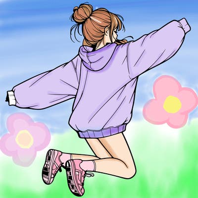 realistic girl jumping with a bun and oversized sweatshirt