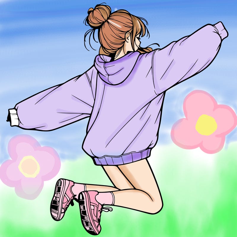 realistic girl jumping with a bun and oversized sweatshirt