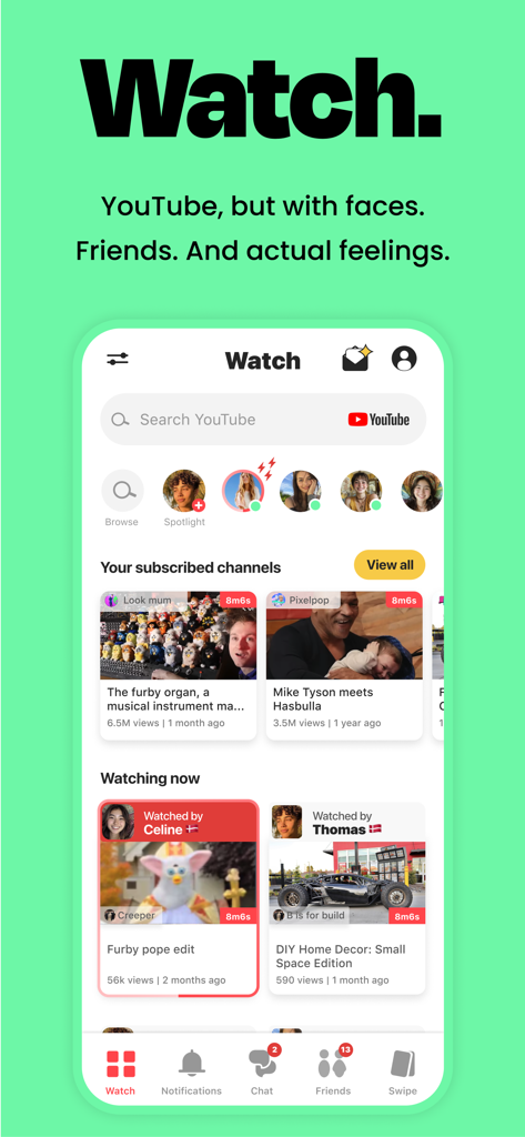 Bopin—Watch & make friends - Bopin app interface showing a feed of YouTube videos being watched by friends in real time