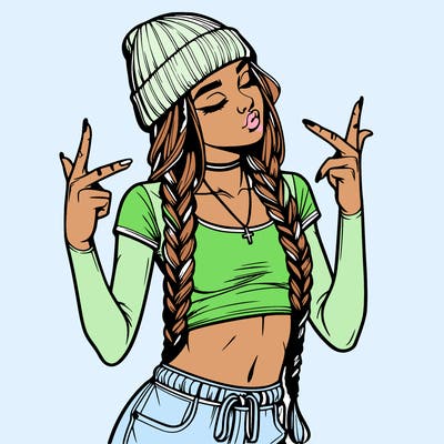 realistic teenage girl with braids and a beanie and crop top doing 🫶🏼