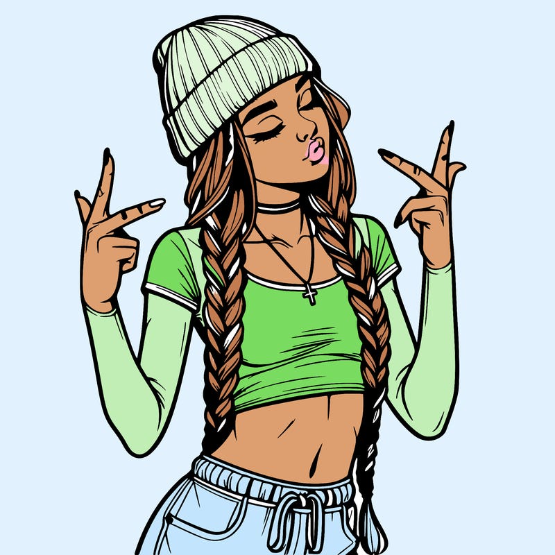realistic teenage girl with braids and a beanie and crop top doing 🫶🏼