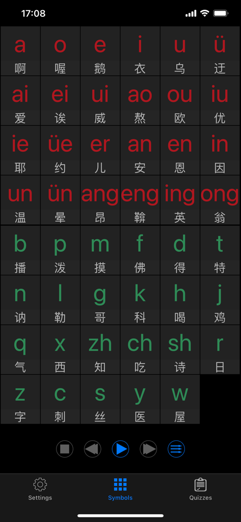 A grid display of Chinese Pinyin phonetic symbols including vowels and consonants in a mobile learning interface