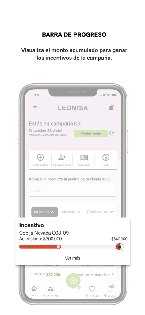 Negocio Leonisa app interface showing a sales progress bar for campaign incentives