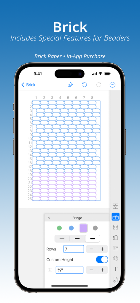 GridMaker - Interfaz de la aplicación GridMaker que muestra una cuadrícula de patrón de ladrillo personalizada para proyectos de abalorios y manualidades.