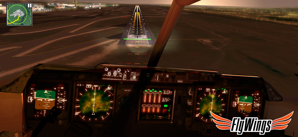Flight Simulator FlyWings 2015 - Vista de aterrizaje nocturno desde la cabina de un avión realista en Flight Simulator FlyWings 2015