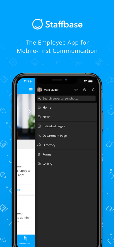 Interface móvel do Aplicativo de Funcionários Staffbase mostrando o menu de navegação lateral com seções para diretório de notícias e formulários.