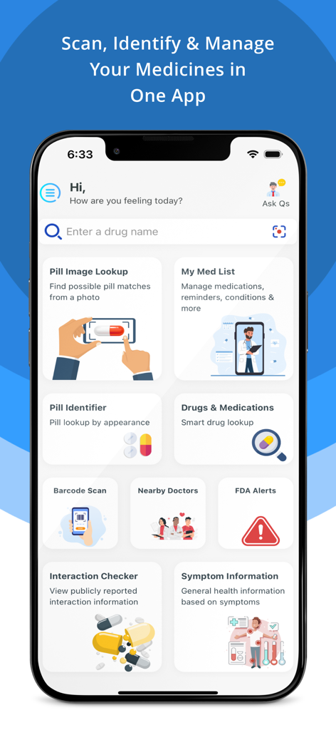 Pill Identifier & Drug Search - Pill Identifier and Drug Search app dashboard with features like pill lookup, medication list, and interaction checker.