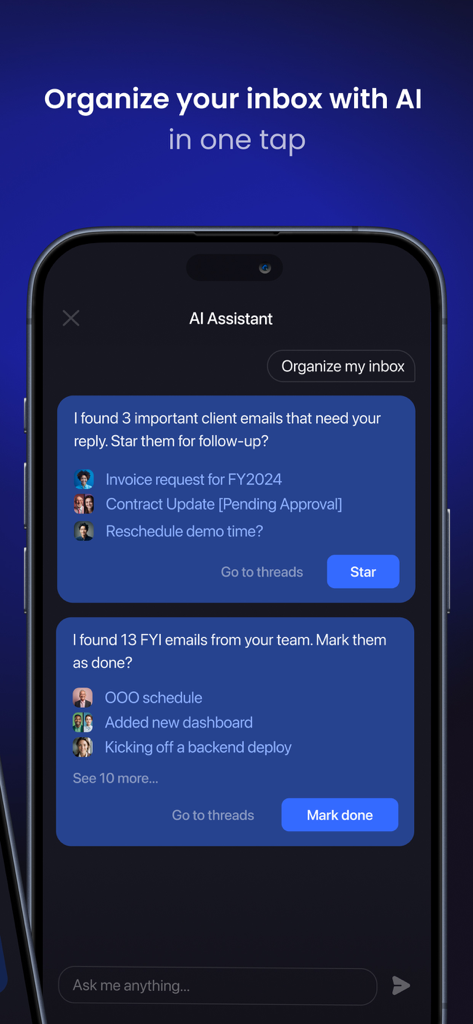 Shortwaveモバイルアプリのインターフェース。AIアシスタントがスマートな提案でメール受信トレイを整理している様子を表示