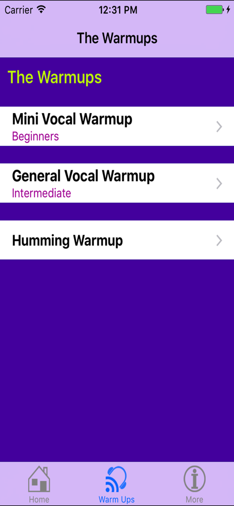 Being in Voice - A menu of vocal warmup exercises in the Being in Voice app including Mini, General, and Humming options.