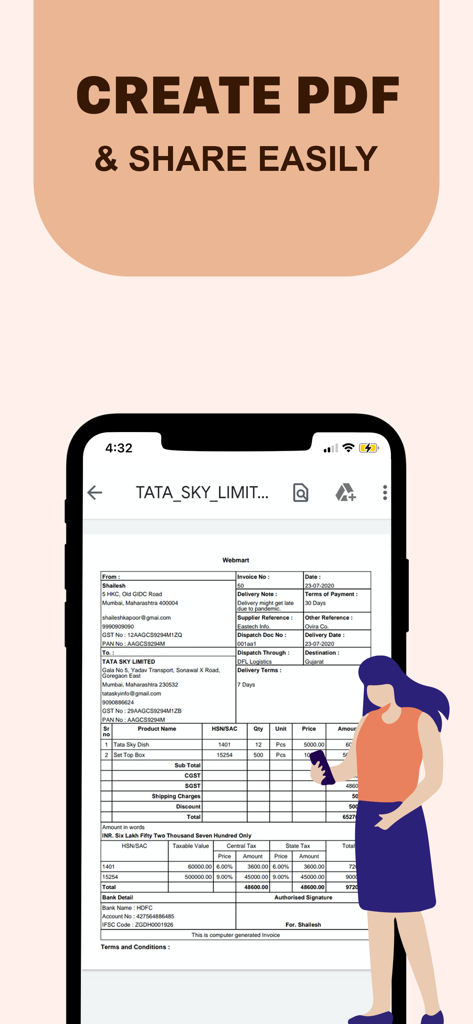 GST invoice and Bill Maker App - A smartphone screen showing a professional PDF invoice with an illustration and text saying Create PDF and share easily