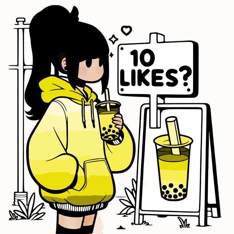 girl with oversized hoodie drinking boba and she has a high ponytail with a sign that says 10likes?