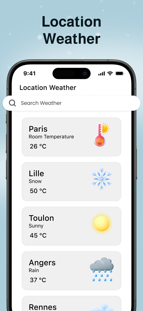 Room Temperature Thermometer - Room Temperature Thermometer app screen showing location weather for multiple cities including temperatures and weather icons