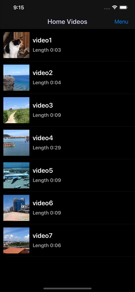 Video 2 CameraRoll  Home Video - Mobile app interface showing a list of synced home videos with thumbnails and durations ready to be saved to the camera roll