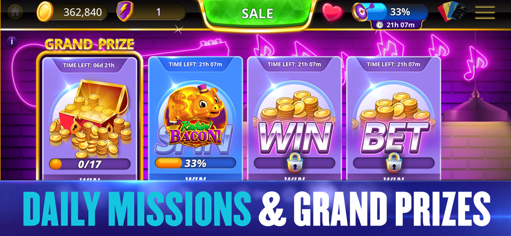 Hard Rock Jackpot Casino - Hard Rock Jackpot Casino-App-Oberfläche, die tägliche Missionen und Hauptpreis-Belohnungen auf einem neongrünen Hintergrund zeigt