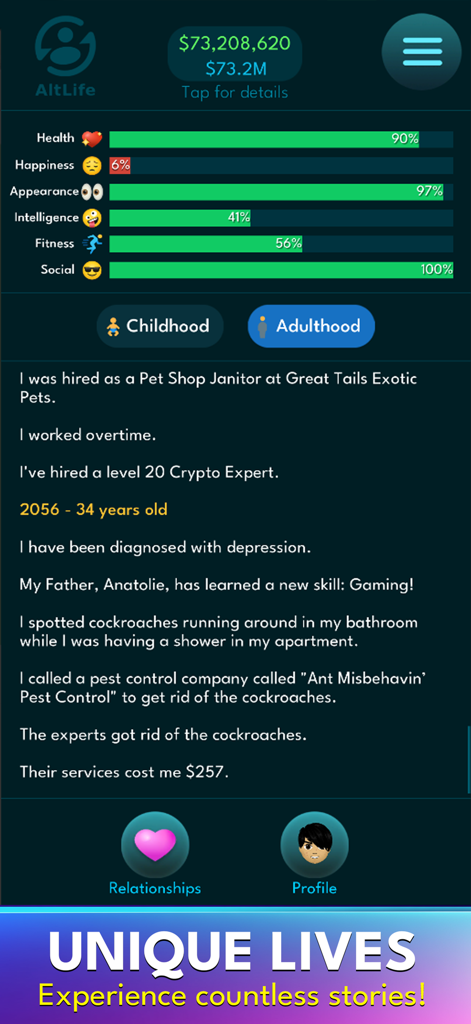 AltLife gameplay screenshot showing character stats like health and wealth with a text log describing life events