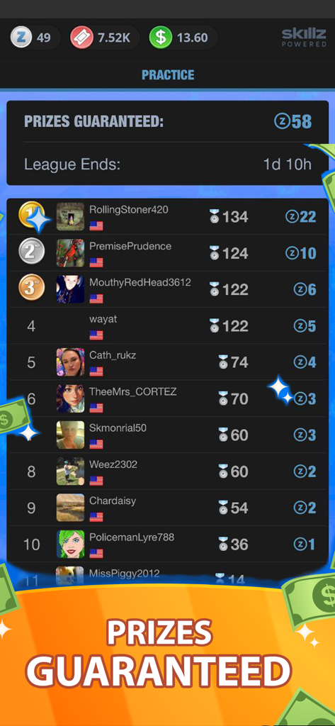 Next Word: Alphabet Cash Quiz - Practice league leaderboard showing player rankings and guaranteed prizes in the Next Word cash quiz app