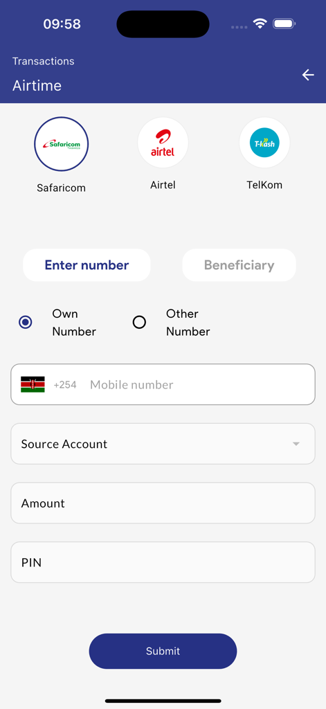 Pantalla de compra de tiempo aire móvil en la aplicación K-Unity Unicash que muestra opciones de Safaricom, Airtel y Telkom