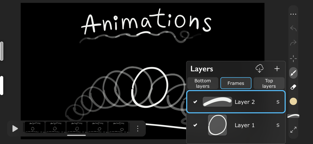 フレームとモーションレイヤーを示すiArtbookデジタルアニメーションインターフェース