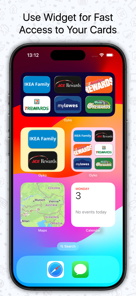 Oyko - Loyalty Cards Wallet - iPhone home screen showing Oyko loyalty card widgets for quick access to reward cards