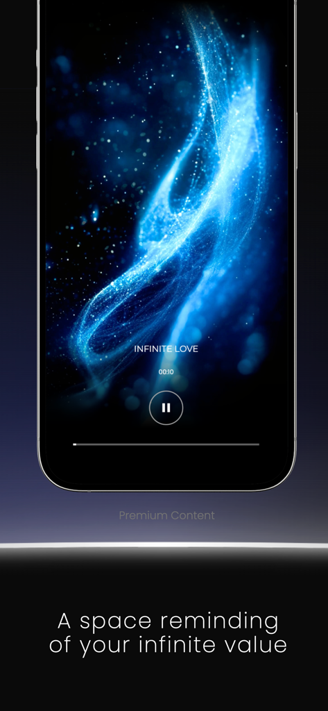 Pantalla de meditación de la aplicación Portal Paralelo mostrando un fondo cósmico azul y el texto Amor Infinito