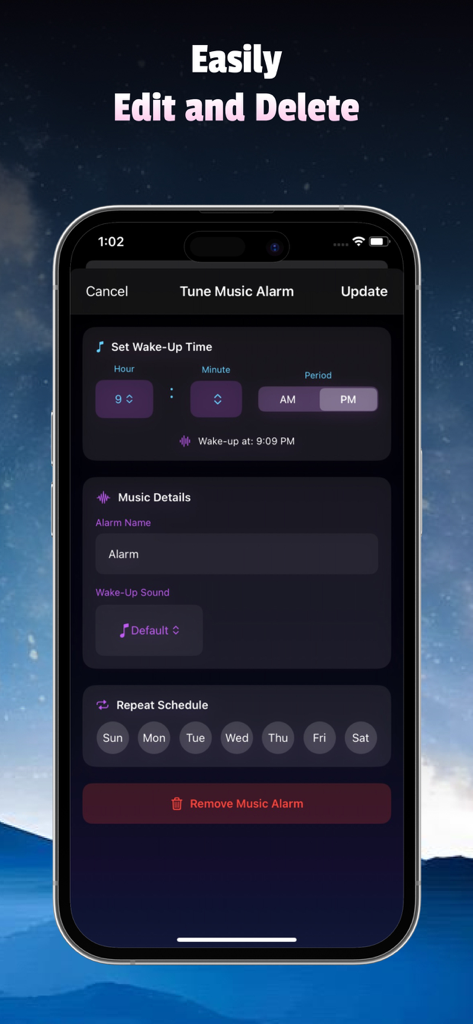 Una pantalla de smartphone que muestra la interfaz de la aplicación Music Bar para editar y personalizar la hora y la configuración de sonido de una alarma.