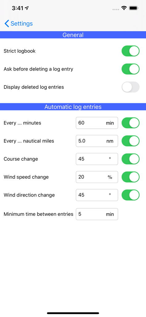 Pantalla de configuración para configurar entradas automáticas del cuaderno de bitácora basadas en millas náuticas, cambios de rumbo y condiciones del viento.