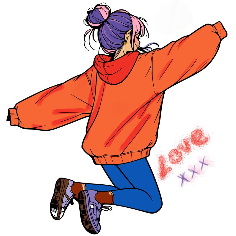realistic girl jumping with a bun and oversized sweatshirt