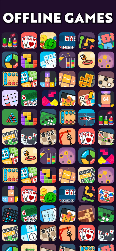 A grid of colorful icons for various offline puzzle and board games.