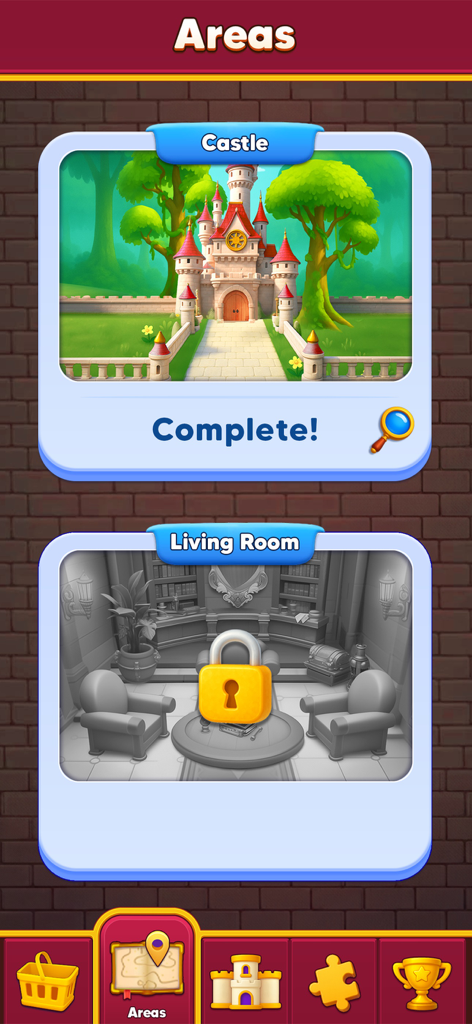 Royal Escape: King Castle - Menu do jogo mostrando o nível do castelo concluído e a área de sala de estar trancada