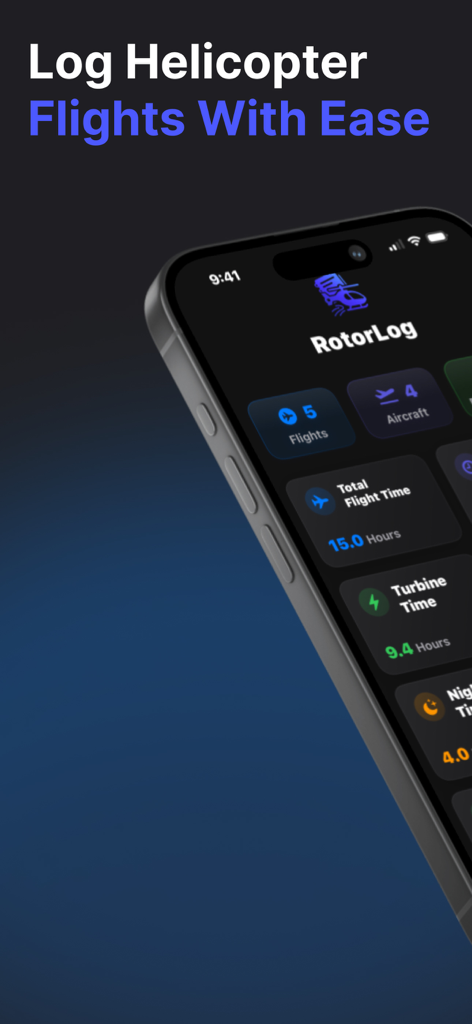RotorLog app dashboard on iPhone showing helicopter flight statistics including total flight time and turbine hours.