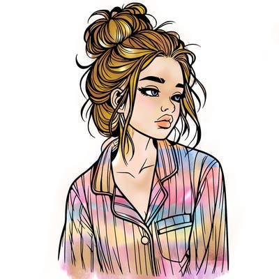 realistic woman with pajamas on and a messy bun